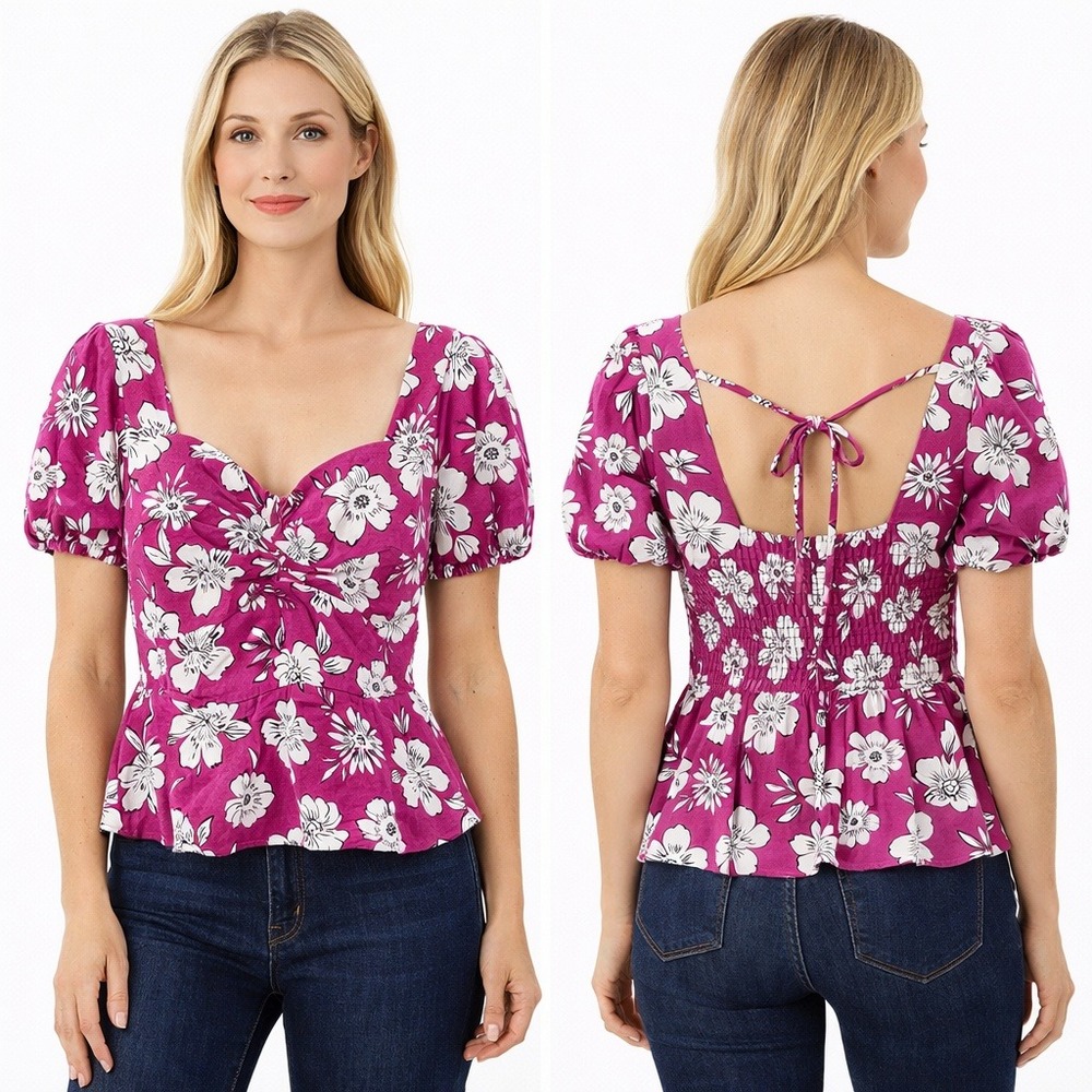 Francesca's Floral Puff Sleeve Peplum Top Size S‎ Magenta Tie Back Blouse